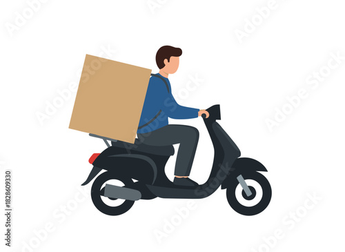 A deliveryman on a kick scooter, carrying a box and package, shown in profile, transporting a parcel and bag in a flat vector illustration on a white background
