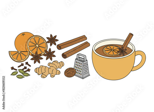 A set of hand‑drawn, realistic vector illustrations showcases mulled wine spices, with isolated elements of flavoring seeds and herbs, highlighting winter hot‑drink ingredients such as ginger root