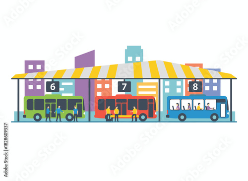 Travelers with luggage awaiting transport at an international bus terminal, with people seated on a bench and standing at the intercity station, depicted in a colorful flat vector illustration on a