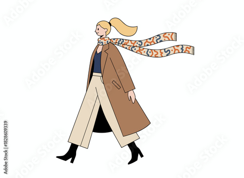 A confident woman strides through the wind wearing a coat and scarf, depicted as a stylish, modern, elegant female character in an urban fashion setting, rendered as a flat vector illustration