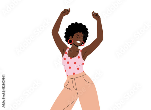A joyful young Black woman with her arm raised dances at a disco party, energetically enjoying music and smiling in a modern style, depicted as a flat vector illustration on a white background