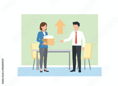 Illustration of a cheerful office worker beginning a new career, arriving at the workplace on their first day with a box, while a colleague welcomes and greets them, presented as a flat vector image