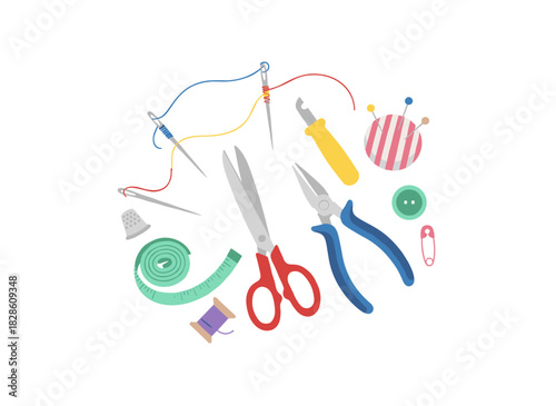 Set of crafting tools including DIY supplies for handiwork and needlework, needlecraft equipment, artisan accessories such as scissors, awl, needle, and knife, depicted as a flat vector illustration