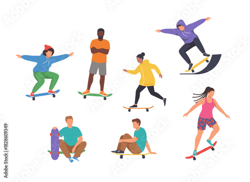 A set of contemporary teenage boys and girls skateboarding, depicted as cute cartoon characters on a white background in a flat illustration style