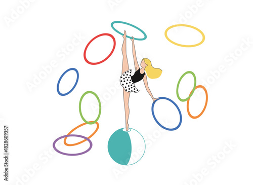A professional, graceful circus gymnast balances on a ball while wearing a hula hoop on her legs, depicted in a flat vector cartoon with textured illustration on a white background