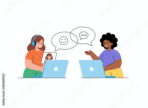 Illustration of women engaging in a video conference for a remote interview, depicting online business communication in a flat vector style on a white background