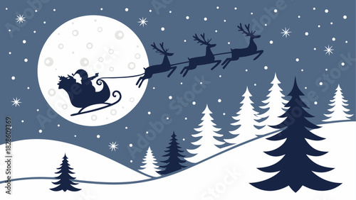 Santa sleigh silhouette over moon christmas night