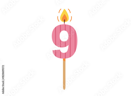 shaped birthday candle for a celebration, glowing wax candlelight with flame for a nine-year-old party cake, flat vector illustration on white background