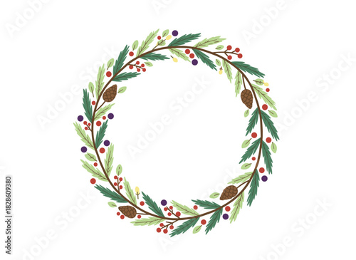 A hand‑drawn, monochrome realistic illustration of a decorative wreath composed of pine and spruce branches and cones, poinsettia leaves, and holly berries, set against a winter background