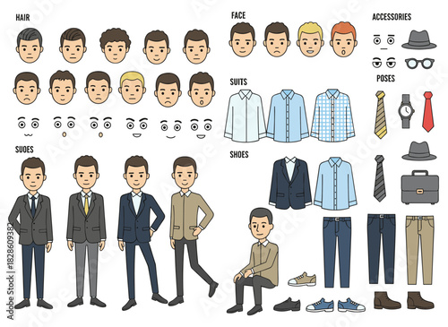 A DIY set or creation kit featuring a male cartoon chef, including body parts, gestures, postures, and uniform, with front, side, and back views rendered as a flat vector illustration