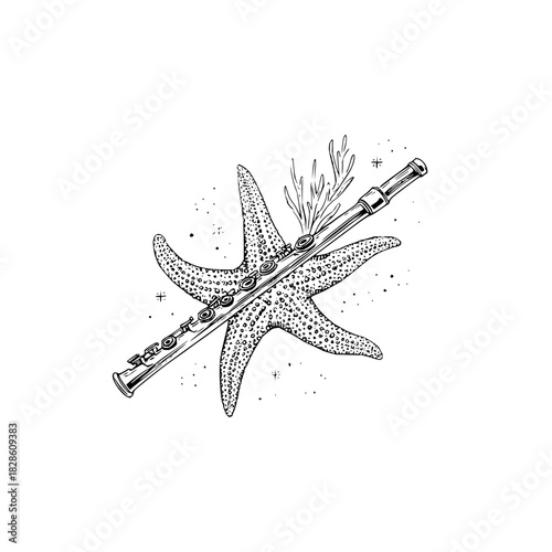 Detailed black and white drawing of a flute resting on a starfish with seaweed accents design