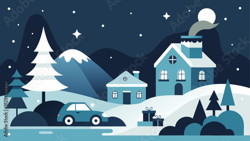 Winter landscape with houses car and christmas tree