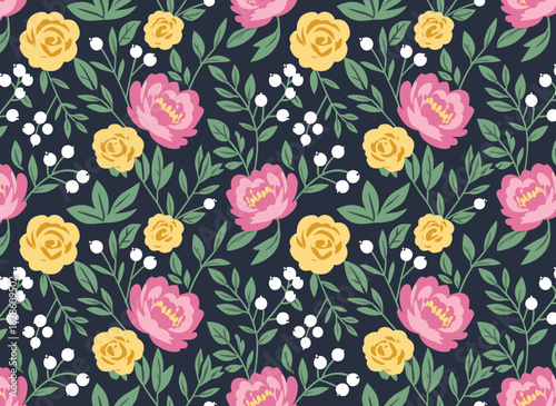 Graceful seamless floral design featuring abundant wild flowers and meadow herbs against a black backdrop, rendered as a realistic botanical vector for wallpaper, textile prints, and backgrounds