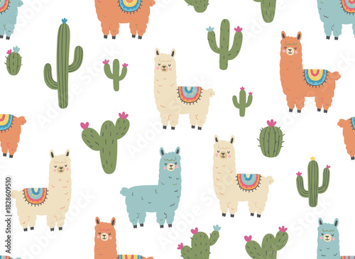 A hand‑drawn doodle pattern featuring alpacas, llamas, and cacti, designed to be seamless