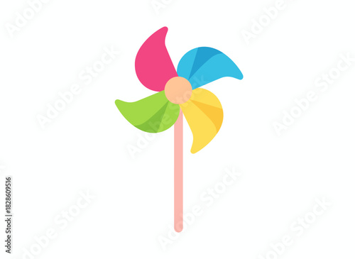 A pinwheel toy featuring a colorful spinning propeller on a stick, swirling and twirling like a festive rotating paper prop, a kinetic accessory for kids at parties, depicted as a flat vector