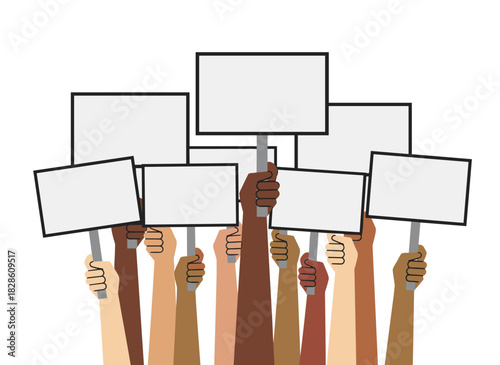 Hands grasp blank placards, signboards on sticks arranged; arms hold empty poster backgrounds on poles; banners and signboards on handles for a strike; flat vector illustrations stand alone on a