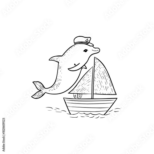 Dolphin wearing a captain's hat standing behind a sailboat with waves in a black and white drawing