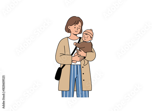 A joyful single mother cradles her baby, depicted in a modern portrait of a young smiling mom and infant, rendered as a colored flat vector illustration on a white background