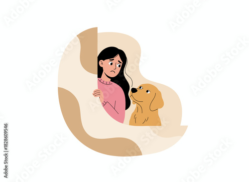 A woman and a dog are spying, while a suspicious, angry, frowning person and a puppy peek behind a wall, watching, observing, and snooping; the illustration is a flat graphic vector on a white