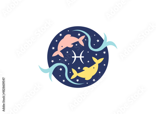 Pisces, represented by two fish, is an astrological emblem—a zodiac sign and horoscope symbol, an esoteric celestial sticker depicting a fish constellation, rendered as a flat vector illustration set