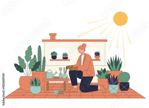 A woman tends to plants on her home balcony garden, surrounded by greenery, in a modern, trendy eco‑style terrace interior featuring houseplants in pots or planters, depicted in a colored flat