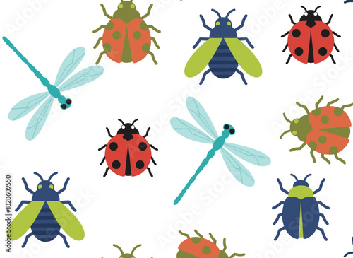 A seamless vector pattern featuring bugs and beetles, with colorful insect textures, including stag beetle, ladybugs, ladybirds, and dragonfly against a white background, showcases an