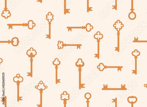A vintage door key pattern featuring a seamless, hand‑drawn monochrome background with an antique repeating print, an endless Victorian‑style texture, and a printable vector illustration for decor