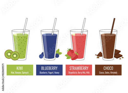 A set of smoothie and cocktail recipes featuring vibrant drinks made from tropical fruits, berries, and chocolate, with space for text, served in plastic glasses with lids and straws, illustrated as