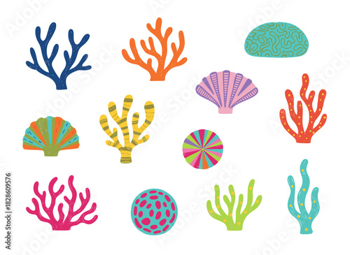 A collection of diverse corals, seaweed, and algae set against a white background, featuring beautiful underwater species, deep‑sea creatures, and aquatic or ocean flora and fauna in a flat, colorful