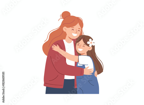 A mother and daughter share a hug, radiating joy as they embrace, symbolizing support, love, and care within a nurturing family bond, depicted in a flat vector illustration set against a white