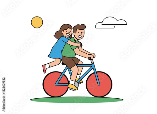 A cheerful, energetic couple rides bicycles together, savoring a fun ride; a young, excited woman smiles and hugs a man as they pedal, while the funny cyclists continue traveling, all depicted in a