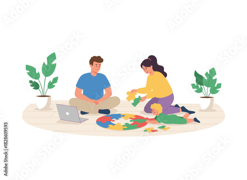 Joyful youngsters assemble a jigsaw puzzle together, while the family spends time at home, friends engage in a pastime, teenage girls lie on the floor, all depicted in a flat vector cartoon