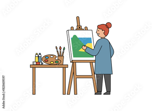 A woman artist paints a canvas on an easel, using a palette and brush while wearing an apron, creating artwork in a flat vector illustration set against a white background