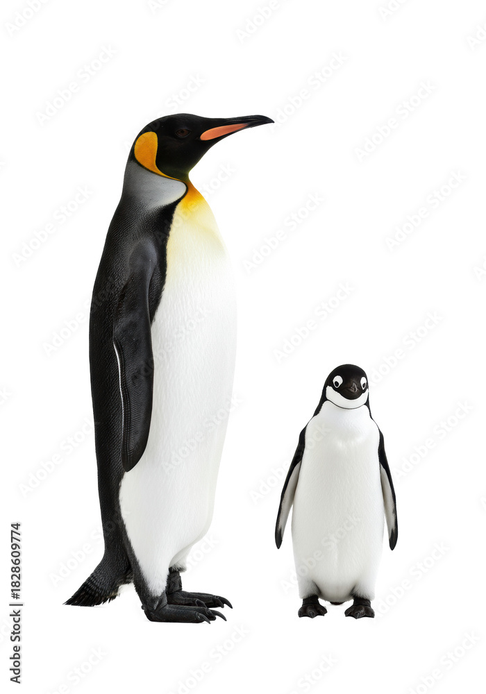 Fototapeta premium Adult king penguin and smaller adélie penguin standing erect side-by-side, vibrant plumage details against a transparent studio background, showcasing avian species scale and diversity