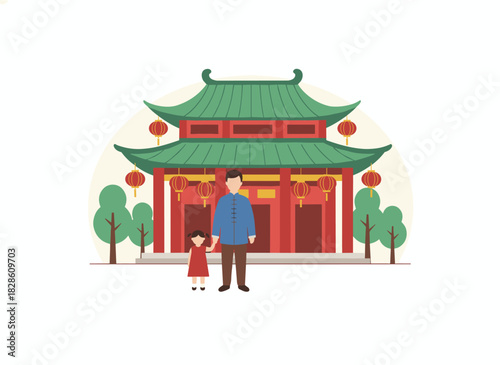 A Chinese market stall adorned with paper lanterns, featuring a traditional street kiosk in Chinatown where a mother and child display ornaments, all depicted in a flat vector illustration set