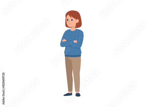 A shy, confused individual in a closed stance, an embarrassed, tense, sad woman with crossed arms, reflecting psychological tension and ignorance, depicted as a flat graphic vector illustration set
