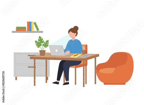 A woman works from a home office, freelancing remotely with a laptop, studying and working at a table via the internet, depicted as a flat vector illustration on a white background