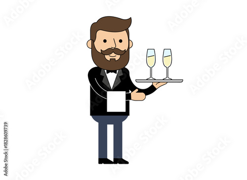 A friendly waiter or server carrying a tray of drinks, depicted as a cute male cartoon character against a white background, rendered in colorful flat vector style