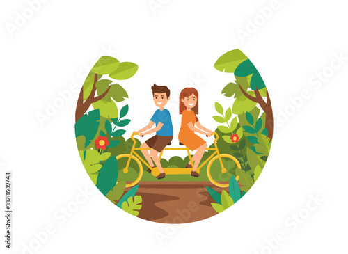 A joyful couple rides a tandem tricycle together, depicted in a flat vector illustration on a white background, enjoying an outdoor holiday activity