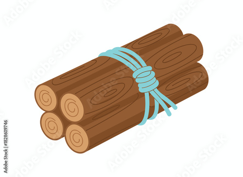 Bundle of firewood tied with rope, chopped firewood pile, wooden logs and cut tree trunks stacked as natural fuel, dry timber for camping, all depicted in a flat vector illustration on a white