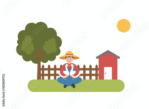 A young farmer tends geese on his farm, while a man and domestic birds roam a summer yard in a village, depicting a person and poultry in the countryside in a flat vector illustration set against a