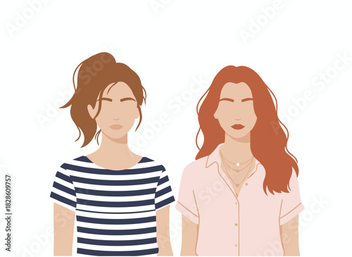 A flat vector illustration of a smiling young lesbian couple, portraying two romantic LGBTQ women in a head portrait against a white background