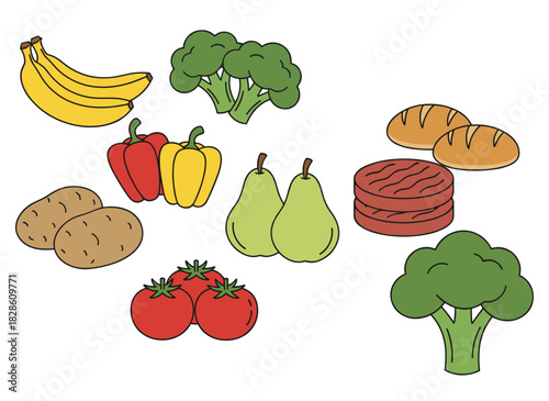 A colorful flat cartoon illustration showing a bundle of discarded food—fruits, vegetables, eggs, and bread—intended for freegans, set against a white background