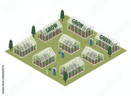 A 3‑D glass greenhouse with a hotbed of seedlings, where people water plants, flowers, and vegetables in a garden bed and flowerbed, illustrated in colorful isometric vector style