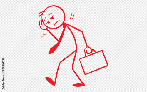 Feeling the Pressure Business Stress Depicted in Red Stick Figure with Briefcase Walking with Head in Hand, Symbolizing Burnout and Work Overload