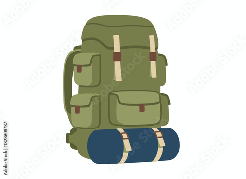 A travel backpack with multiple pockets and a rolled mat, a packed rucksack or haversack for hiking and camping, a trekking bag or knapsack luggage, all shown as a flat vector illustration on a white