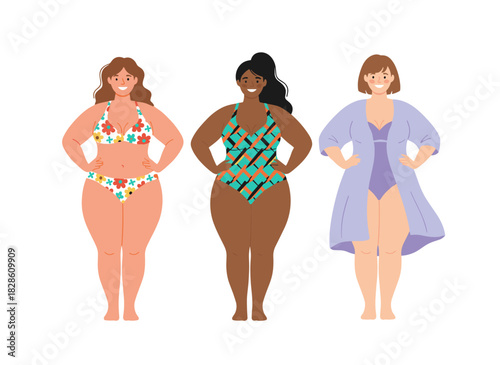 Full‑bodied, curvy women in bikinis, smiling and standing in beach swimsuits, shown in a flat vector illustration against a white background