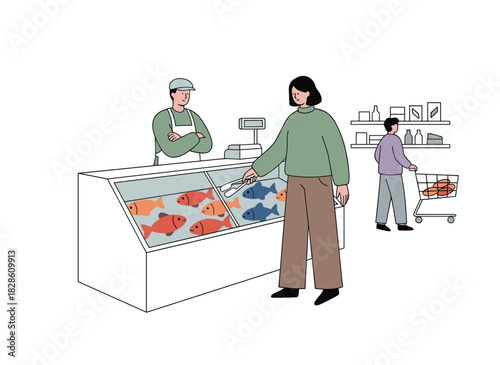 Colorful hand‑drawn illustration of the fish department, set in a store interior bustling with shoppers