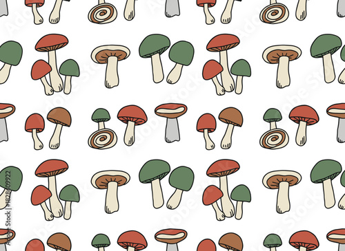 A continuous pattern featuring outlined mushroom slices and whole fungi against a white backdrop, creating an endlessly repeatable texture suitable for food packaging, rendered as a hand‑drawn vector