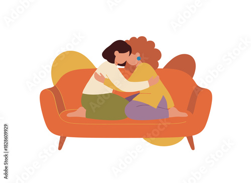 A flat vector illustration on a white background depicts a loving couple in foreplay, with a man kissing a woman's neck, a sexy aroused woman, and themes of sex, arousal, and intimacy in romantic